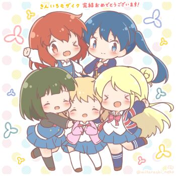  >_o 5girls ;d alice_cartelet black_jacket black_socks blazer blonde_hair blue_eyes blue_hair blue_skirt blue_socks blue_sweater blue_vest blush bow brown_shoes closed_mouth collared_shirt commentary_request fang green_hair hair_bun highres inokuma_youko jacket kin-iro_mosaic kneehighs komichi_aya kujou_karen long_sleeves mitarashi_neko multicolored_polka_dots multiple_girls one_eye_closed oomiya_shinobu open_clothes open_jacket open_mouth pink_bow pink_jacket pleated_skirt polka_dot polka_dot_background print_jacket puffy_long_sleeves puffy_sleeves red_eyes red_hair shirt shoes skirt smile socks standing standing_on_one_leg sweater thighhighs translation_request twintails union_jack_print vest white_background white_shirt white_thighhighs 