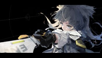  1girl absurdres arknights arknights:_endfield black_background black_gloves blue_eyes commentary glint gloves grey_hair highres holding jacket kaminari_kzy letterboxed long_hair looking_at_viewer outstretched_arm parted_lips perlica_(arknights) simple_background solo upper_body white_jacket yellow_pupils 