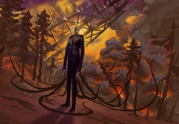  1other black_coat black_necktie black_suit black_vest burning coat collared_shirt creepypasta deftnm embers faceless falling forest formal_clothes full_body highres nature necktie outdoors radio_tower scenery shadow shirt slender_man smoke solo standing suit tentacles vest white_shirt 