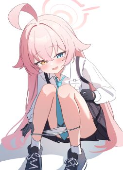 1girl absurdres ahoge black_footwear black_gloves black_skirt blue_archive blue_eyes blue_necktie blush chest_harness commentary_request crossed_bangs fang gloves hair_between_eyes hair_flaps halo harness heterochromia highres hoshino_(blue_archive) huge_ahoge knees_up long_hair long_sleeves looking_at_viewer necktie nonddu open_mouth panties panty_pull pink_hair pink_halo shirt simple_background sitting skin_fang skirt socks solo sweat underwear white_background white_panties white_shirt white_socks yellow_eyes rating:Sensitive score:58 user:danbooru
