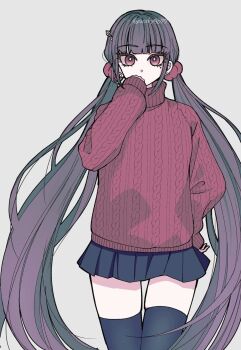  1girl alternate_costume black_skirt black_thighhighs blunt_bangs brown_hair commentary_request hair_ornament hair_scrunchie hairclip highres long_hiar long_sleeves miniskirt mole mole_under_eye pleated_skirt red_eyes red_scrunchie red_sweater satori_(aosky9077) scrunchie simple_background skirt solo sweater thighhighs zettai_ryouiki 