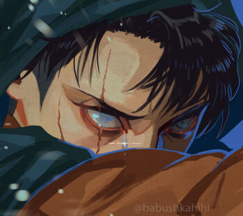  1boy babu_(babushkahihi) black_hair blue_background brown_jacket cloak crying facial_scar furrowed_brow green_cloak grey_eyes highres hood hood_up hooded_cloak jacket levi_(shingeki_no_kyojin) male_focus parted_bangs partially_blind scar scar_across_eye scar_on_cheek scar_on_face shingeki_no_kyojin short_hair solo teardrop tears the_fallen_angel_(painting) twitter_username upper_body 