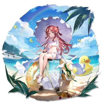  1girl ahoge apple arknights bag baguette beach beach_umbrella bikini blue_sky boat bread bug butterfly cloud day eyewear_on_head feet flower food frilled_bikini frilled_thigh_strap frills fruit full_body green_eyes hair_flower hair_ornament hat heart heart-shaped_eyewear highres holding holding_umbrella innertube insect jewelry legs long_hair looking_at_viewer miebao myrtle_(arknights) myrtle_(summer_flowers)_(arknights) navel ocean official_alternate_costume official_art outdoors paper_bag parasol pointy_ears rainbow red_hair rolling_suitcase rubber_duck sandals sitting sky smile solo stomach straw_hat suitcase sun_hat sunglasses swim_ring swimsuit thigh_strap tinted_eyewear toes transparent_background two_side_up umbrella unworn_headwear very_long_hair water watercraft white_bikini white_sandals white_umbrella yellow_butterfly 