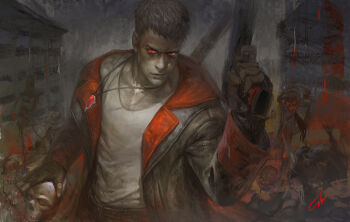  1boy black_gloves black_hair black_jacket dante_(dmc:_devil_may_cry) devil_may_cry devil_may_cry_(series) dmc:_devil_may_cry elna fingerless_gloves gloves gun highres holding holding_gun holding_skull holding_weapon jacket male_focus red_eyes red_jacket shirt short_hair skull undercut weapon white_shirt 