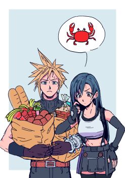  1boy 1girl absurdres bag baguette bare_shoulders belt belt_buckle black_gloves black_hair black_skirt black_thighhighs blonde_hair blue_eyes border bread buckle carrot closed_mouth cloud_strife commentary cowboy_shot crab crop_top elbow_gloves english_commentary final_fantasy final_fantasy_vii final_fantasy_vii_rebirth final_fantasy_vii_remake fingerless_gloves food gloves hand_on_own_hip highres holding holding_bag hugo_artist long_hair outside_border potato red_eyes ribbed_sweater shopping_bag short_hair skirt sleeveless sleeveless_turtleneck spiked_hair suspender_skirt suspenders sweatdrop sweater tank_top thighhighs tifa_lockhart turtleneck turtleneck_sweater white_border white_tank_top zettai_ryouiki 