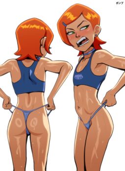  1girl absurdres adjusting_clothes adjusting_panties angry ass ben_10 blue_choker blue_panties blue_sports_bra blush choker fangs flat_chest green_eyes gwen_tennyson highres loli lower_stomach multiple_views navel open_mouth orange_hair panties ponpu_(pumpkinsinclair) short_hair simple_background sports_bra teeth underwear wedgie white_background  rating:Sensitive score:596 user:danbooru