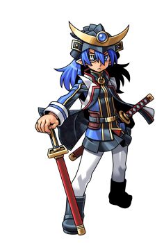  1girl animal_print ankle_boots armor belt black_belt black_boots black_jacket black_skirt blue_eyes blue_hair blue_jacket boots closed_mouth eyepatch gold_trim hair_between_eyes hand_on_sheath harakawa_mitsuhiro helmet jacket japanese_armor jinbaori kabuto_(helmet) katana long_hair multicolored_jacket official_art pantyhose pointy_ears rabbit_print shinrabanshou skirt solo sword third-party_source tousen'in_kagemitsu transparent_background weapon white_pantyhose 