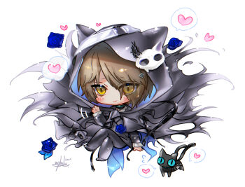  1boy animal animal_ears animal_hood arknights black_cat blue_eyes blue_flower blue_rose brown_eyes brown_hair cat chibi closed_mouth crossed_legs eyes_visible_through_hair fake_animal_ears flower flying_sweatdrops grey_jacket grey_pants grey_shoes hair_over_one_eye heart hood hood_up jacket long_sleeves looking_at_viewer miss_christine_(arknights) motion_lines myluche nekomata pants phantom_(arknights) rose shoes signature simple_background sitting smile spoken_heart tragodia_(arknights) white_background 