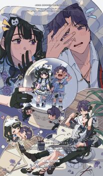 absurdres black_hair chibi covering_another's_mouth crying crystal_ball flat_color gagged hand_gagged hand_over_another's_mouth highres jewelry multiple_views necklace purple_eyes purple_hair shirt white_shirt xiabai 