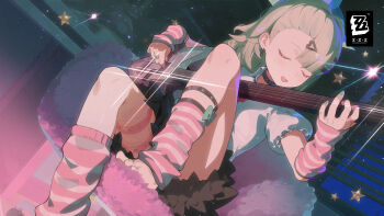  1girl absurdres arm_warmers asymmetrical_bangs barefoot black_choker black_skirt choker closed_eyes collared_shirt copyright_logo earrings fur-trimmed_skirt fur_trim green_hair green_nails guitar hair_ornament hairpin highres holding holding_guitar holding_instrument instrument jewelry leg_up leg_warmers logo multiple_hairpins music musical_note_earrings nail_polish necktie official_art playing_guitar playing_instrument red_necktie shirt single_thighhigh sitting skirt smile solo sparkle star_(symbol) striped_arm_warmers striped_leg_warmers sunna_(zenless_zone_zero) thigh_strap thighhighs toenail_polish toenails torn_clothes torn_thighhighs white_shirt white_thighhighs zenless_zone_zero 