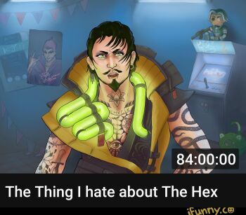  1boy absurdres arcade_cabinet arm_tattoo arthur_james_nightingale_(warframe) beard black_hair character_doll chest_tattoo commentary commission cr1tikal doll english_commentary english_text face_piercing facial_hair flare_(warframe) green_eyes highres ifunny lip_piercing male_focus open_clothes open_shirt parody piercing real_life second-party_source solo tattoo viktor_vodyanoi_(warframe) warframe youtube zoctopode 