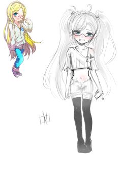  1girl ahoge arms_at_sides blue_eyes blush bra bra_strap cellphone collarbone crop_top female_focus full_body gelbooru gelbooru-tan glasses grin hair_bobbles hair_ornament head_tilt highres holding holding_phone long_hair looking_at_viewer midriff monochrome navel nervous nervous_smile nose_blush nyudachi_(artist) off-shoulder_shirt off_shoulder phone raised_eyebrows reference_inset semi-rimless_eyewear shirt short_shorts short_sleeves shorts sidelocks simple_background single_bare_shoulder sketch smartphone smile spot_color standing stomach teeth thighhighs twintails underwear very_long_hair white_background  rating:Sensitive score:12 user:nyudachi