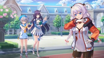  3girls ahoge aratakosu_(tako's) beret blue_eyes blue_sky bodysuit book braid breasts bronya_zaychik cleavage commentary_request dress grey_hair hat high_heels highres holding holding_book honkai_(series) honkai_impact_3rd jacket kiana_kaslana kiana_kaslana_(white_comet) long_hair mansion medium_breasts multiple_girls official_art orange_jacket outdoors purple_eyes purple_hair raiden_mei sky small_breasts taking_picture twin_braids white_bodysuit white_dress white_hair 