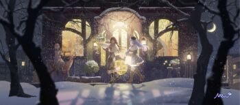  3girls absurdres artist_name bare_tree beret black_hat black_leggings blue_dress blue_hair blurry blurry_foreground boots breath brown_boots brown_coat brown_hair building capelet cat chinese_commentary closed_eyes closed_mouth coat commentary_request crescent_moon dress floating_hair frilled_skirt frills fur-trimmed_capelet fur-trimmed_dress fur_trim grey_boots hat high_heel_boots high_heels highres holding holding_hands holding_lantern knee_boots lantern leggings long_hair long_skirt long_sleeves looking_at_another low-tied_long_hair mavv menu_board mittens moon multicolored_boots multiple_girls night open_mouth original outdoors plaid_clothes plaid_skirt plant pointing potted_plant profile reindeer restaurant riding riding_animal scarf scenery signature sitting skirt smile snow snowing stained_glass standing stool sweater talking tree two-tone_boots walking warming_hands white_boots white_capelet white_leggings white_sweater wide_shot window window_light winter 