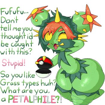  1girl ass blush_stickers calamity33 colored_skin english_text eyebrows fishnets furry furry_female gen_5_pokemon green_hair green_skin holding holding_poke_ball huge_ass kyojiri_loli loli looking_at_viewer maractus mesugaki monster_girl multicolored_hair nintendo open_mouth pedophile pixel_art poke_ball poke_ball_(basic) pokemon pun red_hair smile standing standing_on_one_leg streaked_hair thick_thighs thighs transparent_background wide_hips yellow_eyes  rating:Questionable score:294 user:OneTrueLoser