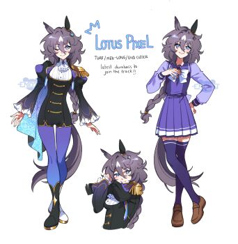  1girl animal_ears ascot asymmetrical_footwear black_boots black_jacket blue_eyes blue_pantyhose blush boots bow bowtie braid braided_ponytail breasts cape character_name closed_mouth commentary english_commentary enosst epaulettes gradient_cape grey_hair hair_between_eyes highres horse_ears horse_girl horse_tail jacket long_hair long_sleeves looking_at_viewer mismatched_footwear multicolored_hair one_eye_closed original pantyhose pleated_skirt purple_sailor_collar purple_serafuku purple_shirt purple_skirt sailor_collar sailor_shirt school_uniform serafuku shirt shoes single_epaulette skirt smile stretching tail thighhighs tracen_school_uniform umamusume white_ascot white_boots white_bow white_bowtie white_hair white_shirt zettai_ryouiki 