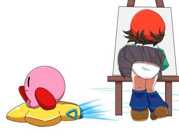  1boy 1girl adeleine alien ass beret beshameru_(masumaru_ovo) black_eyes blue_socks brown_hair brown_shoes colored_skin easel from_behind green_sweater grey_skirt hat kirby kirby_(series) kirby_64 kirby_air_ride kirby_air_riders kneehighs loli long_sleeves loose_socks nintendo open_mouth panties pink_skin red_hat riding shoes short_hair skirt smile socks standing star_(symbol) sweater underwear warp_star white_background white_panties wind wind_lift  rating:Sensitive score:2 user:cpee