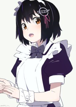  1girl alternate_costume apron black_bow black_bowtie black_dress black_hair blush bow bowtie brown_eyes commentary_request dress enmaided grey_background haguro_(kancolle) hair_between_eyes hair_ornament kantai_collection looking_at_viewer maid maid_apron open_mouth puffy_short_sleeves puffy_sleeves short_hair short_sleeves signature simple_background sohin solo upper_body white_apron wrist_cuffs 