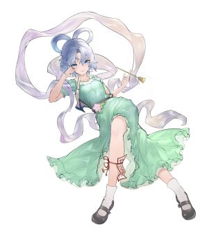  1girl blue_eyes blue_hair chinese_commentary closed_mouth commentary_request crossed_legs devilkillerx dress full_body green_dress hagoromo hair_ornament hair_rings hair_stick highres kaku_seiga looking_at_viewer ofuda open_clothes open_vest shawl simple_background smile socks solo touhou vest white_background white_socks white_vest 