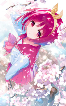  1girl cherry_blossoms from_above hairband kamigishi_akari looking_at_viewer pleated_skirt red_eyes red_hair red_sailor_collar sailor_collar school_uniform serafuku short_hair skirt solo tatami_to_hinoki to_heart to_heart_(series) 