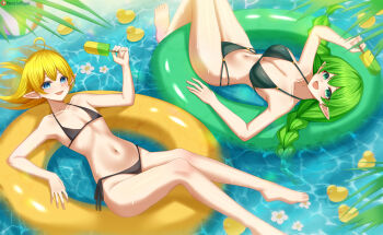  2girls :d absurdres ball barefoot bath_toy bikini black_bikini black_swimsuit blonde_hair blue_eyes braid breasts cleavage collarbone commission commissioner_upload elf euphemy_sylvaine feet flat_chest flower food from_above green_eyes green_hair highres innertube large_breasts long_hair looking_at_viewer lori_hagami lotte_farona lying multiple_girls navel official_art open_mouth pointy_ears popsicle rubber_duck side-tie_clothing side-tie_swimsuit smile stomach string_bikini swim_ring swimming_ring swimsuit tongue twin_braids water ways_of_darkness_(series) 