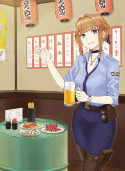  1girl ammunition_belt asakiri_koko beer_mug belt black_choker black_pantyhose blue_shirt blue_skirt breasts choker collarbone commentary_request cup drinking_glass feet_out_of_frame girls'_frontline grizzly_mkv_(girls'_frontline) grizzly_mkv_(weekend_cop)_(girls'_frontline) hair_ornament hair_ribbon hairclip hand_up highres holding holding_cup jewelry leg_holster light_blush looking_at_viewer medium_breasts medium_hair mug necklace necktie official_alternate_costume open_mouth orange_hair pantyhose pencil_skirt police police_uniform policewoman purple_eyes purple_necktie restaurant ribbon shirt sidelocks skirt sleeves_rolled_up smile solo standing thigh_strap unworn_eyewear watch wristwatch 