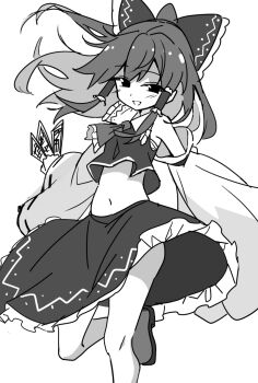 1girl ascot bare_shoulders bow commentary detached_sleeves e.o. frilled_bow frilled_hair_tubes frilled_skirt frills greyscale hair_bow hair_tubes hakurei_reimu highres holding holding_ofuda long_hair looking_at_viewer midriff monochrome navel nontraditional_miko ofuda ribbon-trimmed_sleeves ribbon_trim shirt simple_background skirt sleeveless sleeveless_shirt smile solo standing standing_on_one_leg touhou rating:General score:2 user:danbooru