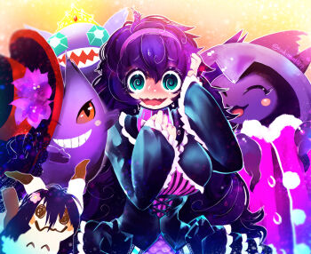  1girl @_@ alternate_costume black_dress black_eyes black_hair blue_eyes blush breasts colored_sclera cowboy_shot crown curly_hair dress facing_viewer flower frill_trim frilled_dress frills gen_1_pokemon gen_3_pokemon gen_4_pokemon gen_7_pokemon gengar ghost girdle goth_fashion gothic_lolita grin hair_between_eyes hair_flower hair_ornament hairband hakkasame hand_on_own_chest hand_on_own_head hands_up headband hex_maniac_(pokemon) hex_maniac_(pokemon_xy) large_breasts lolita_fashion long_hair looking_at_viewer mimikyu mismagius multicolored_dress nintendo one_eye_closed open_mouth orange_background pokemon pokemon_(creature) pokemon_xy purple_hairband purple_headband purple_sweater red_sclera ringed_eyes sableye sharp_teeth simple_background smile sweater tagme teeth turtleneck turtleneck_dress very_long_hair wavy_mouth white_frills wide-eyed wig wink yellow_background 