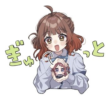  1girl :d ahoge blue_shirt blush brown_eyes brown_hair character_doll commentary cropped_torso doll gakuen_idolmaster gradient_hair hair_bun hanami_saki hanami_ume highres holding holding_doll idolmaster long_sleeves looking_at_viewer menrui_(xxmexzx) multicolored_hair open_mouth shirt short_hair simple_background single_side_bun smile symbol-only_commentary white_background 