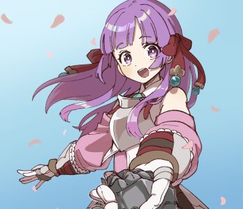  1boy 1girl arianna_caledonia armor bare_shoulders blush breastplate detached_sleeves etrian_odyssey fafnir_no_kishi_(sekaiju) gauntlets hair_ribbon holding_hands long_hair mikamseizin pink_sleeves pov pov_hands purple_eyes purple_hair reaching reaching_towards_viewer red_ribbon ribbon sekaiju_no_meikyuu shin_sekaiju_no_meikyuu_2 shirt solo_focus white_shirt 