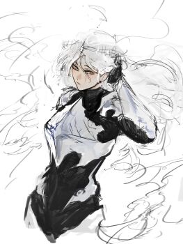  1girl absurdres armor black_gloves breastplate cowboy_shot crown expressionless gloves grey_eyes hand_up highres logicsterrr long_hair looking_at_viewer nephis_(shadow_slave) shadow_slave solo white_hair 