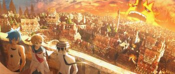  1girl 2boys absurdres black_hair black_star blonde_hair blue_hair building closed_eyes closed_mouth commentary_request death_the_kid green_eyes grin highres maka_albarn multicolored_hair multiple_boys necktie piyo_main scenery school_uniform shirt short_hair smile soul_eater striped_hair sun sunset tank_top twintails 