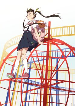  absurdres backpack bag bandaid bandaid_on_knee bandaid_on_leg black_hair black_skirt brown_eyes dress_shirt floating_hair from_below full_body gradient_background green_ribbon hachikuji_mayoi hair_ribbon hairband highres jungle_gym light_blush lone_nape_hair long_hair looking_afar looking_to_the_side makicha_(sasurainopink) monogatari_(series) neck_ribbon pink_bag pink_ribbon red_shoes ribbon shirt shoe_soles shoes short_sleeves skirt socks suspender_skirt suspenders twintails white_hairband white_shirt white_socks wind  rating:General score:9 user:danbooru