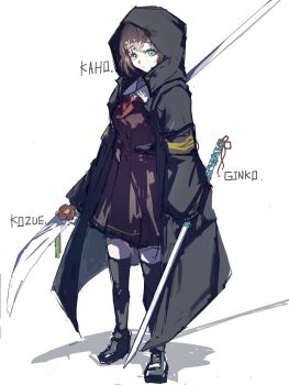  1girl :/ asymmetrical_dual_wielding black_coat black_shoes black_thighhighs blonde_hair bongore2668 brown_dress cerise_bouquet character_name closed_mouth coat commentary_request dress dual_wielding flower flower_knot green_eyes hasu_no_sora_school_uniform highres hinoshita_kaho holding holding_polearm holding_sword holding_weapon hood hood_up hooded_coat katana link!_like!_love_live! long_sleeves looking_at_viewer love_live! momose_ginko naginata neckerchief otomune_kozue parody pleated_dress polearm red_flower red_neckerchief sailor_collar sailor_dress school_uniform shadow shoes short_dress simple_background solo soul_eater sword thighhighs virtual_youtuber weapon white_background white_sailor_collar winter_uniform zettai_ryouiki 