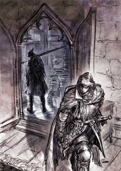  1boy 1other absurdres arm_mounted_weapon armor boots breastplate cape closed_mouth commentary_request different_reflection elden_ring elden_ring_nightreign greatsword haruichi_(haruichithm) helmet highres holding holding_sword holding_weapon indoors mirror reflection shield shield_on_back sword tunic weapon winged_helmet wylder_(elden_ring) 