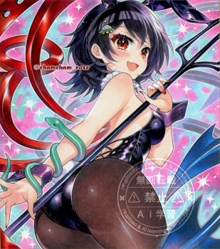  1girl alternate_costume animal_ears ass asymmetrical_wings black_hair black_leotard blue_wings blush breasts brown_pantyhose chacham commentary_request fang green_snake hair_ornament houjuu_nue leotard looking_at_viewer medium_breasts medium_hair open_mouth pantyhose playboy_bunny polearm rabbit_ears rabbit_tail red_eyes red_nails red_wings skin_fang smile snake solo strapless strapless_leotard tail touhou traditional_media trident twitter_username ufo_hair_ornament watermark weapon wings wrist_cuffs 