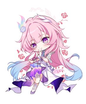  1girl absurdres aqua_hair chibi chibi_only commentary cyrene_(demiurge)_(honkai:_star_rail) cyrene_(honkai:_star_rail) diamond-shaped_pupils diamond_(shape) dress english_commentary flower foxgree hair_flower hair_ornament high_heels highres honkai:_star_rail honkai_(series) long_hair looking_at_viewer multicolored_hair pink_hair pointy_ears purple_eyes simple_background smile solo symbol-shaped_pupils v v_over_mouth very_long_hair white_background white_dress white_hair 