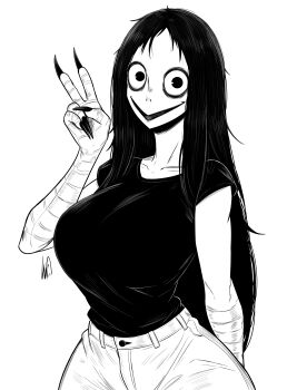  1girl absurdres breasts claws commentary creepy creepypasta greyscale highres huge_breasts long_hair lughost momo_(creepypasta) monochrome narrow_waist shirt smile solo t-shirt upper_body v wide_hips 