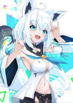  1girl absurdres ahoge animal_ear_fluff animal_ear_piercing animal_ears aqua_eyes aqua_trim black_shorts blush braid breasts cleavage commentary_request detached_sleeves double_fox_shadow_puppet extra_ears fox_ears fox_girl fox_shadow_puppet fox_tail hair_between_eyes highres hisora_hato hololive long_sleeves medium_breasts navel open_mouth pentagram shirakami_fubuki shirakami_fubuki_(1st_costume) shirt short_shorts shorts sleeveless sleeveless_shirt smile solo stomach tail virtual_youtuber white_shirt white_sleeves wide_sleeves 