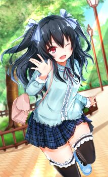  >;) >;d 10s 1girl ;d alternate_costume black_hair blush casual day dutch_angle ex_idol female_focus frilled_skirt frills hair_ornament hair_ribbon hairclip hairpin highres long_hair looking_at_viewer neptune_(series) one_eye_closed open_mouth outdoors red_eyes ribbon skirt smile solo source_request thighhighs thighs uni_(neptunia) v-shaped_eyebrows 