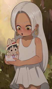  1girl absurdres animal child collarbone cowboy_shot dress earrings forehead g_reaper hat highres holding holding_animal jewelry long_hair one_piece open_mouth parted_bangs rabbit s-snake seraphim_(one_piece) sleeveless sleeveless_dress snake_earrings star-shaped_pupils star_(symbol) straw_hat symbol-shaped_pupils teeth upper_teeth_only very_long_hair white_dress white_hair yellow_eyes  rating:General score:9 user:MonsieurCinq