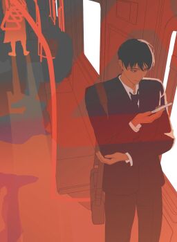  1boy 2others bag black_hair character_request check_character coat hand_on_own_elbow highres holding holding_phone indoors kim_dokja multiple_others omniscient_reader's_viewpoint open_clothes open_coat out_of_frame phone popped_collar red_theme short_hair shoulder_bag silhouette tix_0314 train_interior window yoo_joonghyuk 