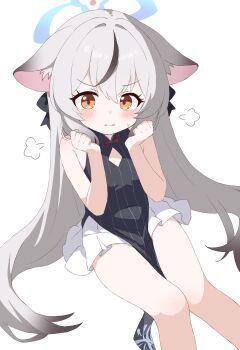 1girl absurdres animal_ears black_dress black_hair blue_archive blue_halo blush breasts dress grey_hair halo highres kokona_(blue_archive) long_hair multicolored_hair open_mouth orange_eyes simple_background sleeveless sleeveless_dress small_breasts solo streaked_hair striped_clothes striped_dress tiger_ears vertical-striped_clothes vertical-striped_dress white_background yukisiannn rating:Sensitive score:7 user:danbooru