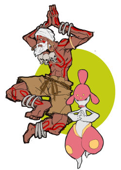  1boy abs absurdres anklet armlet barefoot beard blank_eyes bracelet crossover dark-skinned_male dark_skin dhalsim earrings facial_hair gen_3_pokemon highres hoop_earrings jewelry makai medicham necklace nintendo pokemon pokemon_(creature) sketch skull_necklace street_fighter street_fighter_6 tattoo topless_male white_turban 