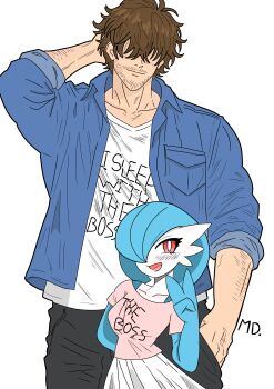  1boy 1girl alternate_color arm_behind_back arm_behind_head arm_hair arm_up artist_name beard_stubble black_pants blue_hair blue_shirt blue_skin blush bob_cut breast_pocket breasts bright_pupils brown_hair clothed_pokemon clothes_writing collarbone colored_skin covered_eyes english_text facial_hair gardevoir gen_3_pokemon hair_over_eyes hair_over_one_eye hand_in_pocket hand_up happy height_difference hetero interspecies long_sleeves looking_at_viewer medi_(pixiv_123705920) medium_breasts messy_hair multicolored_skin mustache_stubble nintendo one_eye_covered open_clothes open_mouth open_shirt pants pink_shirt pocket pokemon pokemon_(creature) red_eyes shiny_pokemon shirt short_hair short_sleeves signature simple_background size_difference sleeves_rolled_up smile stubble two-tone_skin undershirt v white_background white_pupils white_shirt white_skin  rating:General score:2 user:AngryZapdos