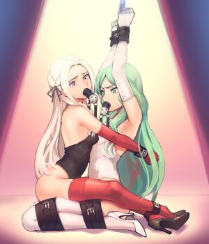  2girls absurdres arms_up bdsm bondage bound bound_ankles bound_wrists breast_press cad_(caddo) dildo_gag drooling edelgard_von_hresvelg female_focus fire_emblem fire_emblem:_three_houses forced_yuri frogtie gag highres intelligent_systems kaddo large_variant_set multiple_girls nintendo rhea_(fire_emblem) saliva saliva_trail sitting tagme variant_set wiffle_gag yuri 