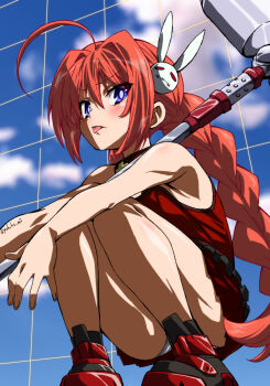  1girl :p ahoge anime_coloring bare_shoulders blue_eyes blush commentary_request dress flat_chest graf_eisen hair_ornament hammer highres long_braid long_hair looking_at_viewer lyrical_nanoha mahou_shoujo_lyrical_nanoha panties panty_peek rabbit_hair_ornament red_dress red_hair short_dress solo squatting tongue tongue_out underwear vita_(nanoha) war_hammer weapon white_panties yuukami_(wittsu) 