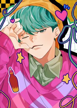  1boy aqua_eyes aqua_hair baby_(kpop_demon_hunters) blunt_bangs closed_mouth collared_shirt green_shirt hashtag-only_commentary hat highres kpop_demon_hunters male_focus one_eye_closed pater pink_sweater shirt short_hair smile solo sweater upper_body yellow_hat 