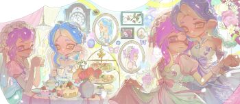  2girls absurdres blue_hair bow cake cake_slice closed_mouth cup dress dress_bow foamamm food hair_behind_ear hair_bow hairband highres holding holding_cup holding_hands inkling inkling_girl inkling_player_character lolita_hairband long_hair looking_at_viewer mug multiple_girls multiple_views nintendo octoling octoling_girl octoling_player_character pink_bow pink_dress pink_hairband pink_wrist_cuffs plate puffy_short_sleeves puffy_sleeves purple_eyes purple_hair purple_wrist_cuffs short_sleeves skirt_hold sleeveless sleeveless_dress smile splatoon_(series) strawberry_cake teapot tentacle_hair tiered_tray two-tone_dress white_dress wrist_cuffs yellow_eyes yuri 