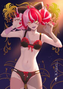  1girl :d ahoge black_bow black_bra black_panties bow bra claw_pose colored_skin colored_tongue commentary commentary_request cowboy_shot diamond-shaped_pupils diamond_(shape) double_bun english_commentary flat_chest frilled_bra frilled_panties frills gradient_eyes green_eyes grey_hair grey_skin hair_bow hair_bun hands_up heterochromia highres hololive hololive_indonesia kureiji_ollie lingerie looking_at_viewer mismatched_pupils mixed-language_commentary multicolored_eyes multicolored_hair navel open_mouth paid_reward_available panties patchwork_skin pawz212 pink_hair purple_tongue red_eyes red_hair smile solo stitched_arm stitched_face stitched_leg stitched_torso stitches stomach symbol-shaped_pupils teeth underwear underwear_only upper_teeth_only virtual_youtuber x-shaped_pupils yellow_eyes zombie 